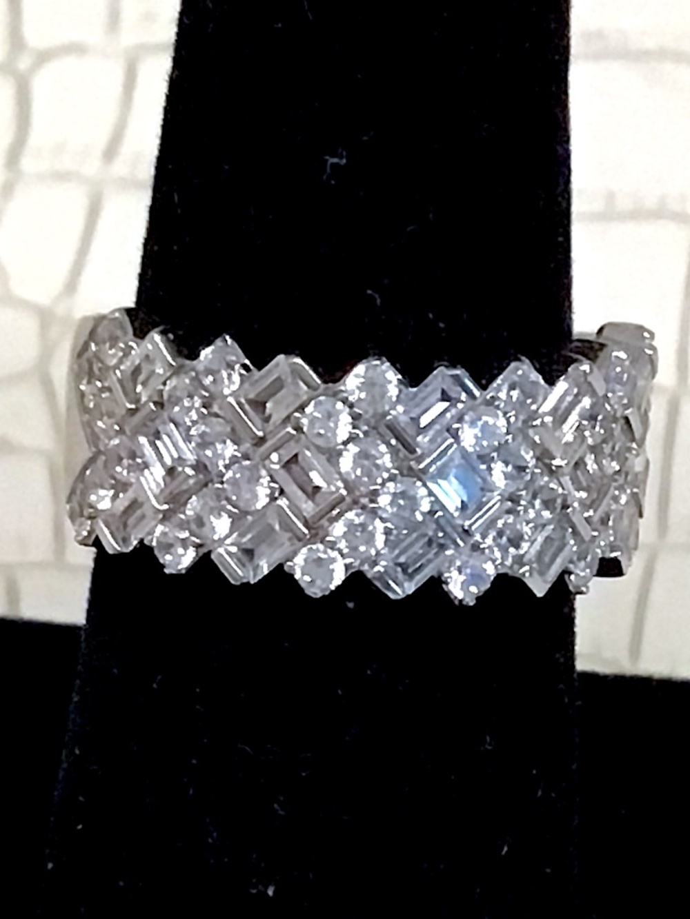 Rare Vanna K 925 Silver Band Alternating Baguette & Round CZ Stones Chevron Latt
